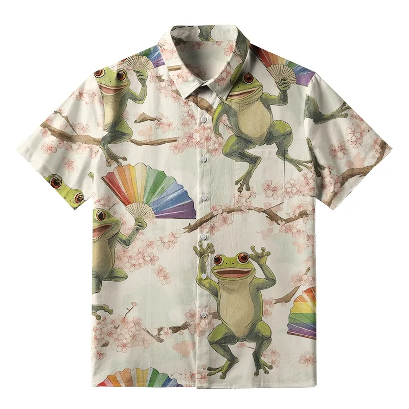 Tokyo-Tiger Frog Dancing With Rainbow Fan Button-up Shirt
