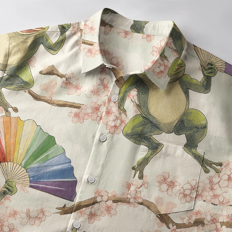 Tokyo-Tiger Frog Dancing With Rainbow Fan Button-up Shirt