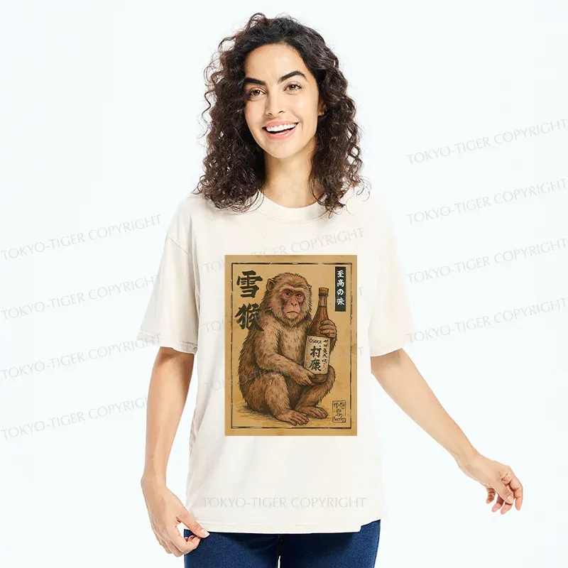 Tokyo-Tiger Snow Monkey Hug Beer Washed T-Shirt