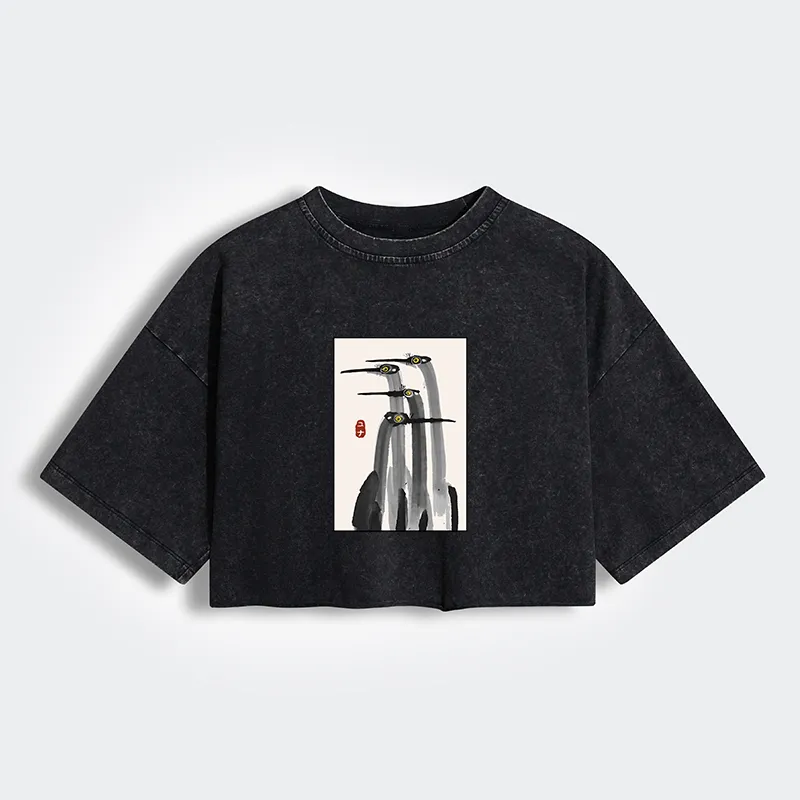 Tokyo-Tiger Japanese Crane Poster Women's Washed Crop T-Shirt