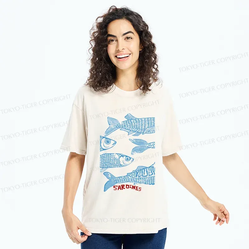Tokyo-Tiger Sardine Woodcut Washed T-Shirt
