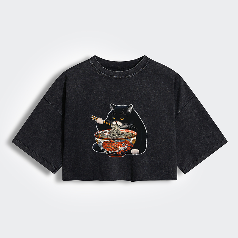 Tokyo-Tiger Fat Cat Eating Ramen Women's Washed Crop T-Shirt