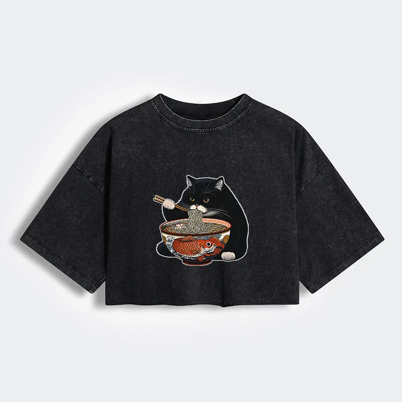 Tokyo-Tiger Fat Cat Eating Ramen Women's Washed Crop T-Shirt