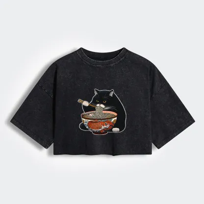 Tokyo-Tiger Fat Cat Eating Ramen Women's Washed Crop T-Shirt