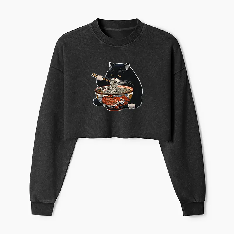 Tokyo-Tiger Fat Cat Eating Ramen Washed Crop Sweatshirt