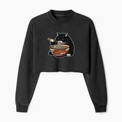 Tokyo-Tiger Fat Cat Eating Ramen Washed Crop Sweatshirt