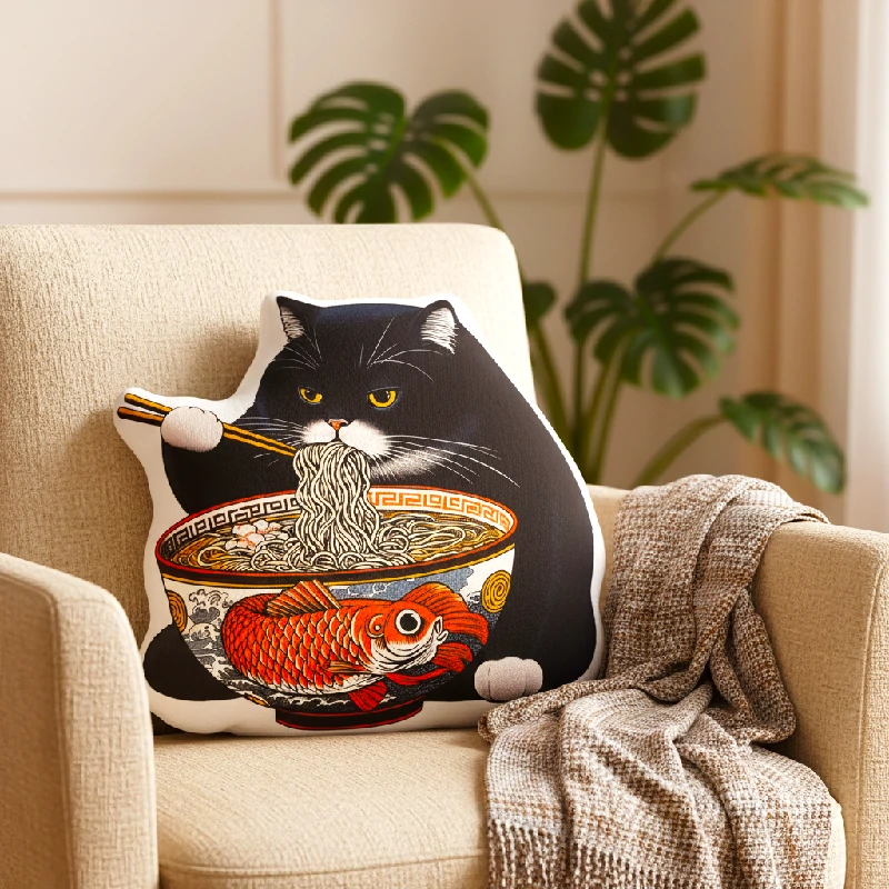Tokyo-Tiger Fat Cat Eating Ramen Shaped Throw Pillow