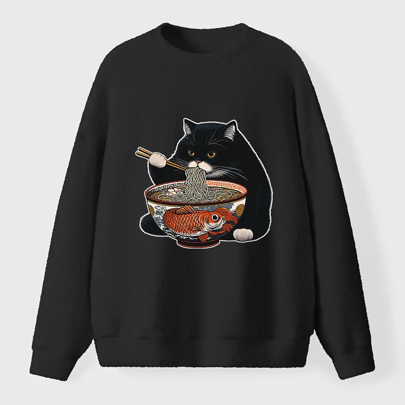 Tokyo-Tiger Fat Cat Eating Ramen Fuzzy Sweatshirt