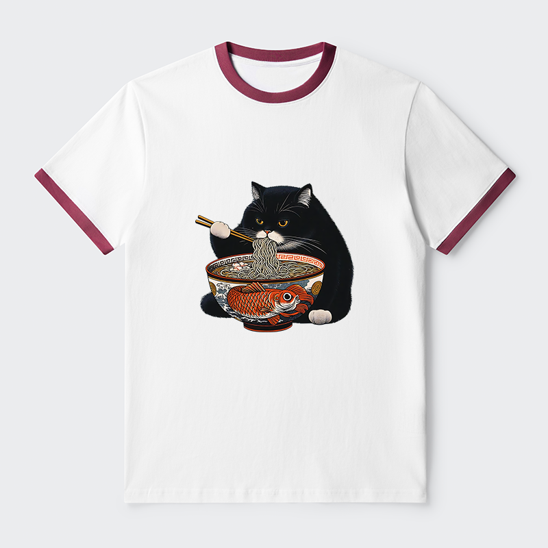 Tokyo-Tiger Fat Cat Eating Ramen Contrast Trim T-Shirt