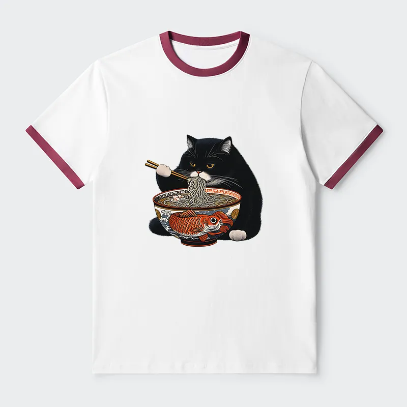 Tokyo-Tiger Fat Cat Eating Ramen Contrast Trim T-Shirt