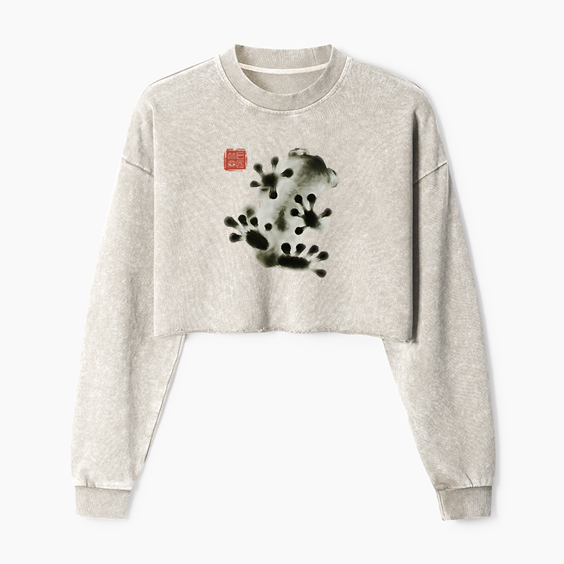 Tokyo-Tiger Ink Painting Frog Washed Crop Sweatshirt