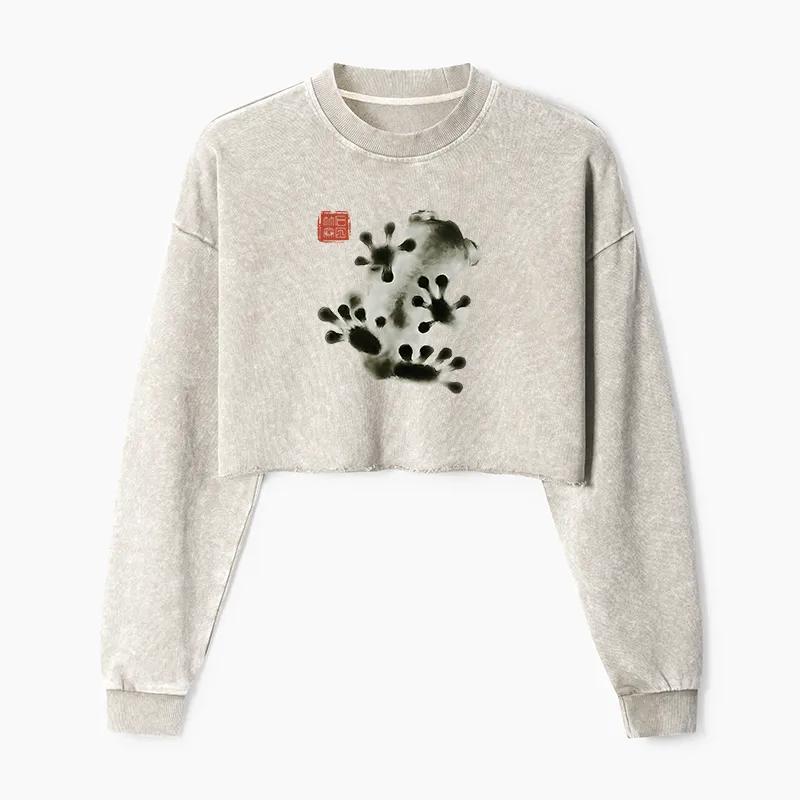 Tokyo-Tiger Ink Painting Frog Washed Crop Sweatshirt