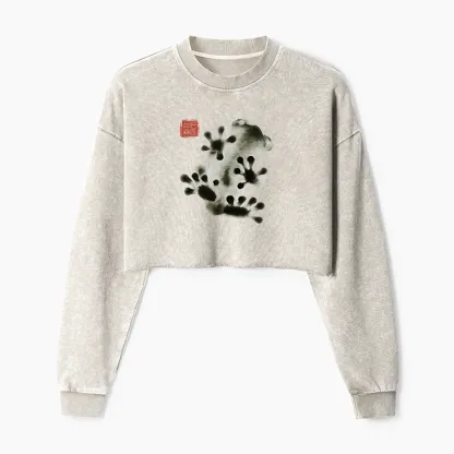 Tokyo-Tiger Ink Painting Frog Washed Crop Sweatshirt