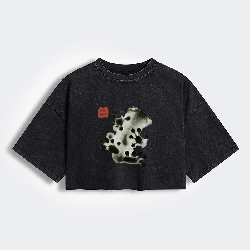 Tokyo-Tiger Ink Painting Frog Women's Washed Crop T-Shirt