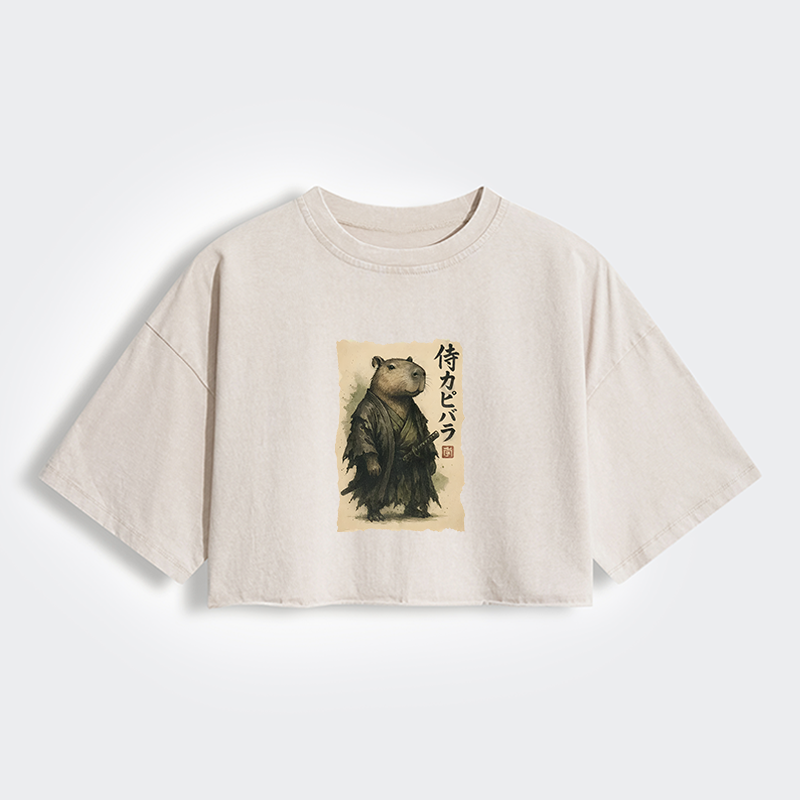 Tokyo-Tiger Capybara Samurai Women's Washed Crop T-Shirt
