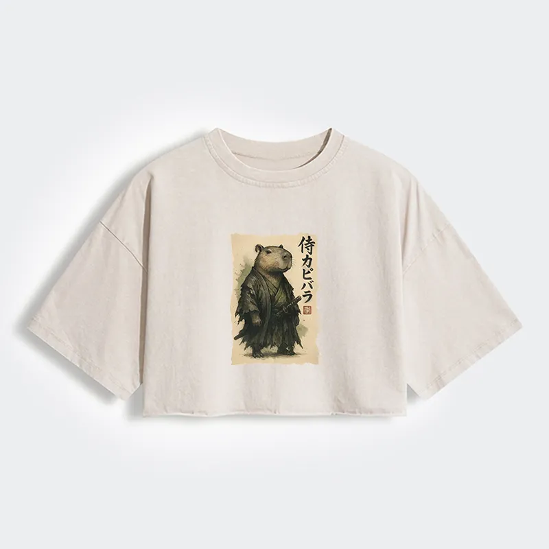 Tokyo-Tiger Capybara Samurai Women's Washed Crop T-Shirt