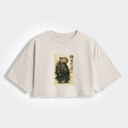 Tokyo-Tiger Capybara Samurai Women's Washed Crop T-Shirt