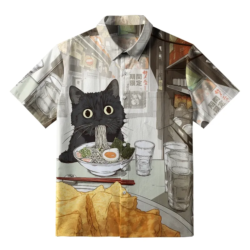 Tokyo-Tiger Cute Cat Eating Ramen Button-up Shirt