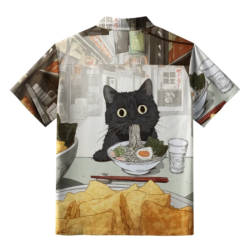 Tokyo-Tiger Cute Cat Eating Ramen Button-up Shirt