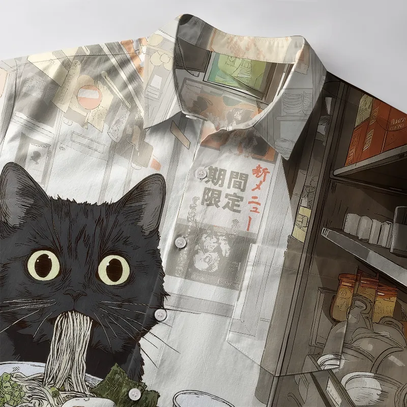Tokyo-Tiger Cute Cat Eating Ramen Button-up Shirt