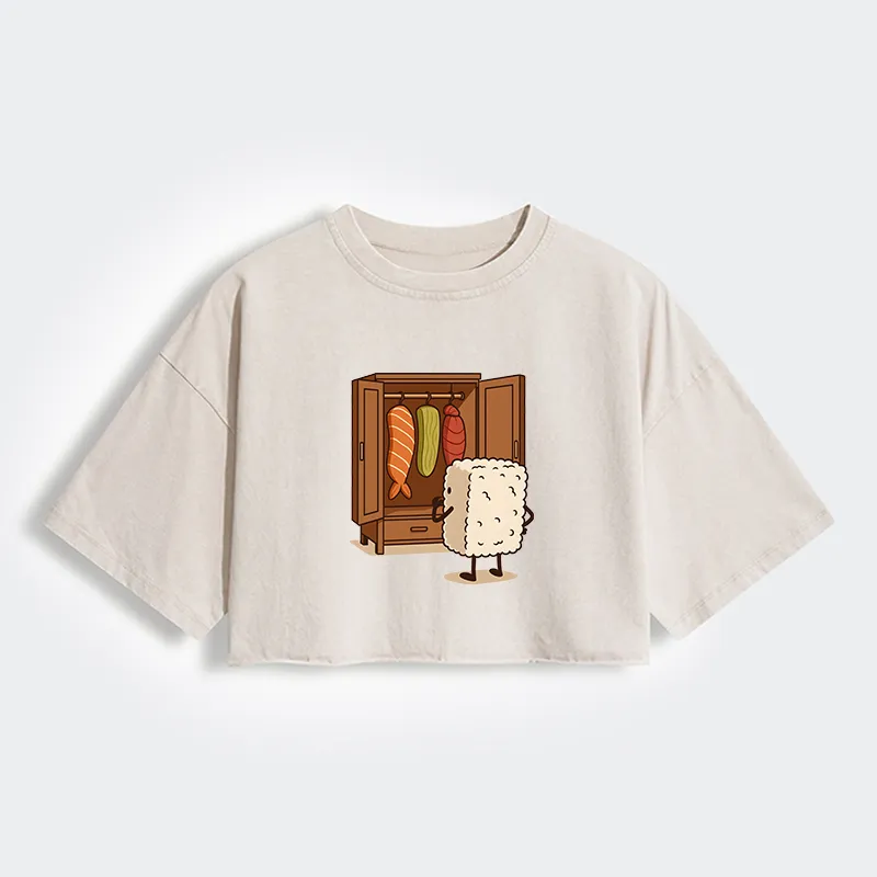 Tokyo-Tiger Sushi Pick Out Clothes Women's Washed Crop T-Shirt