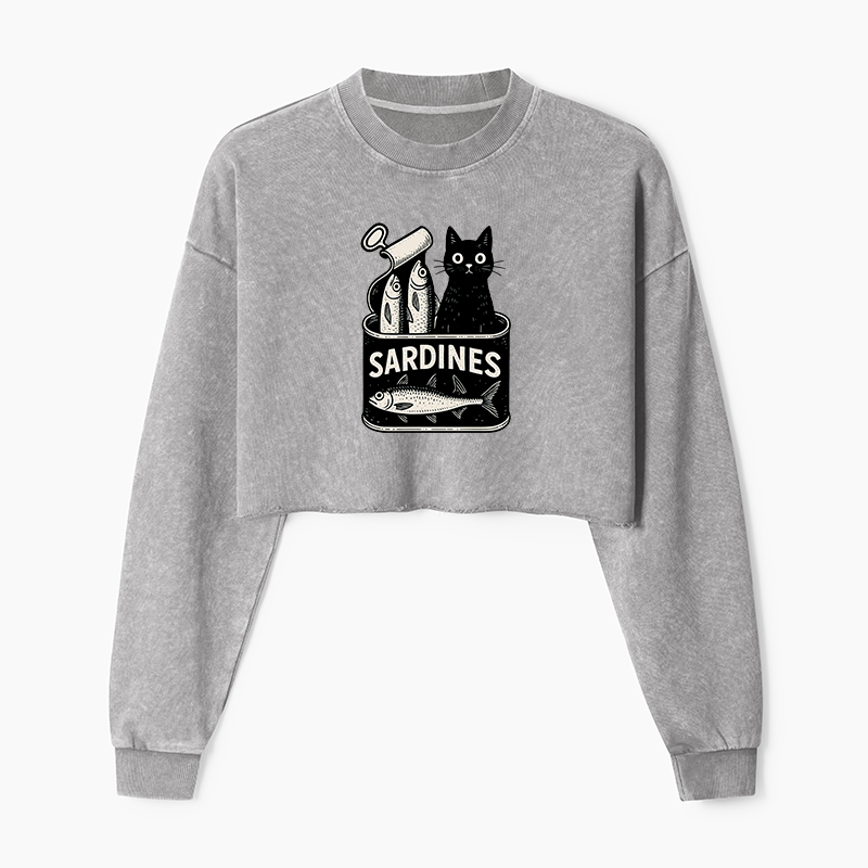 Tokyo-Tiger Cat And Canned Fish Washed Crop Sweatshirt
