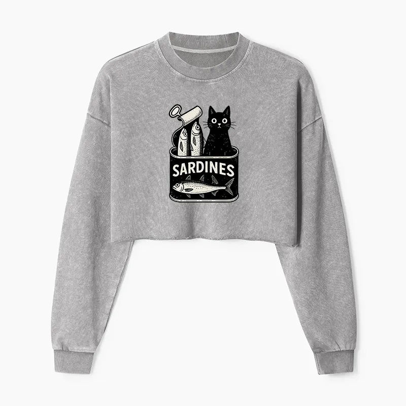 Tokyo-Tiger Cat And Canned Fish Washed Crop Sweatshirt