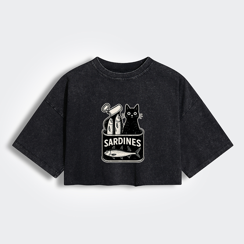Tokyo-Tiger Cat And Canned Fish Women's Washed Crop T-Shirt