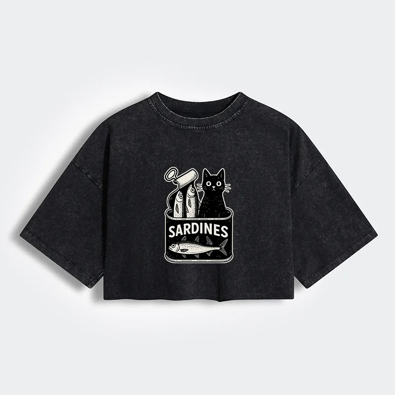 Tokyo-Tiger Cat And Canned Fish Women's Washed Crop T-Shirt