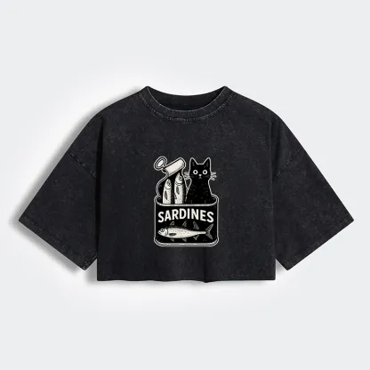 Tokyo-Tiger Cat And Canned Fish Women's Washed Crop T-Shirt