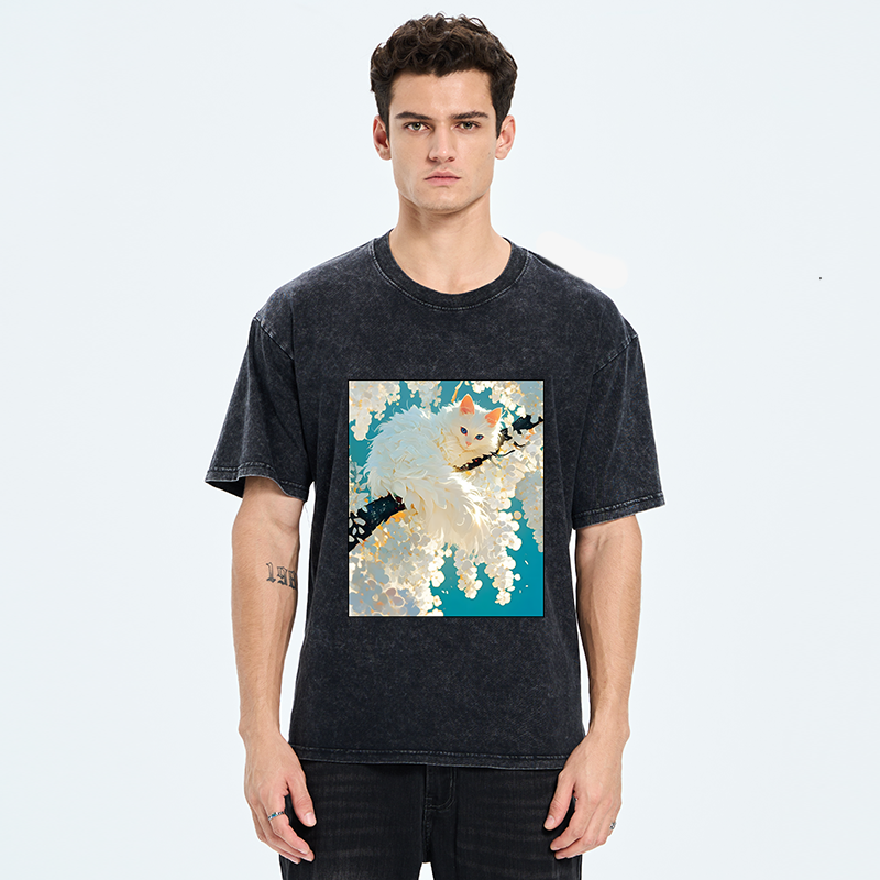 Tokyo‑Tiger Beautiful White Cat Art Washed T-Shirt