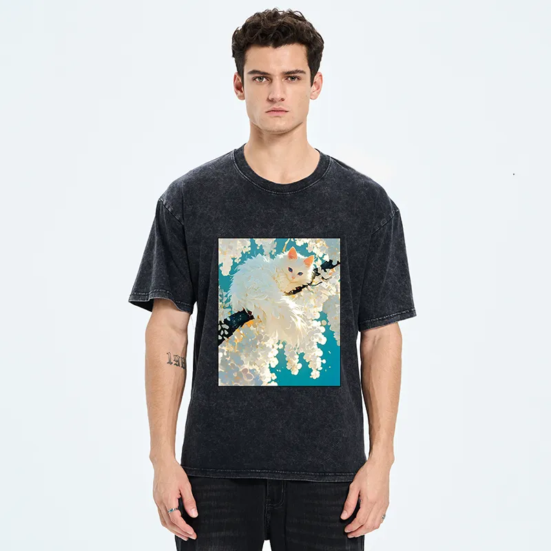 Tokyo‑Tiger Beautiful White Cat Art Washed T-Shirt