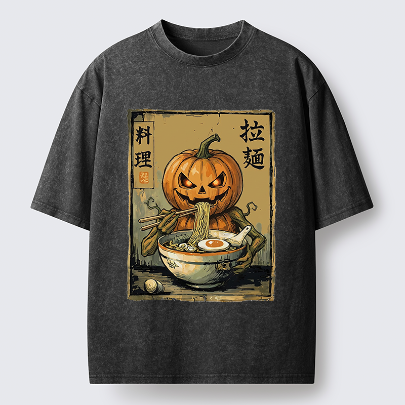 Tokyo‑Tiger Pumpkin Eating Ramen Washed T‑Shirt