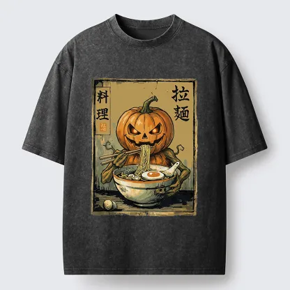Tokyo‑Tiger Pumpkin Eating Ramen Washed T‑Shirt
