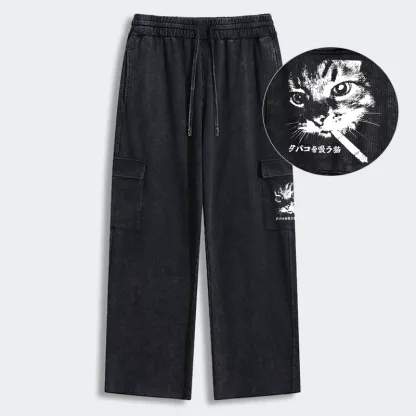 Tokyo-Tiger Retro Cat Smoking Washed Utility Sweatpants