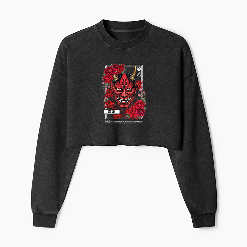 Tokyo-Tiger Cool Oni Floral Art Washed Crop Sweatshirt
