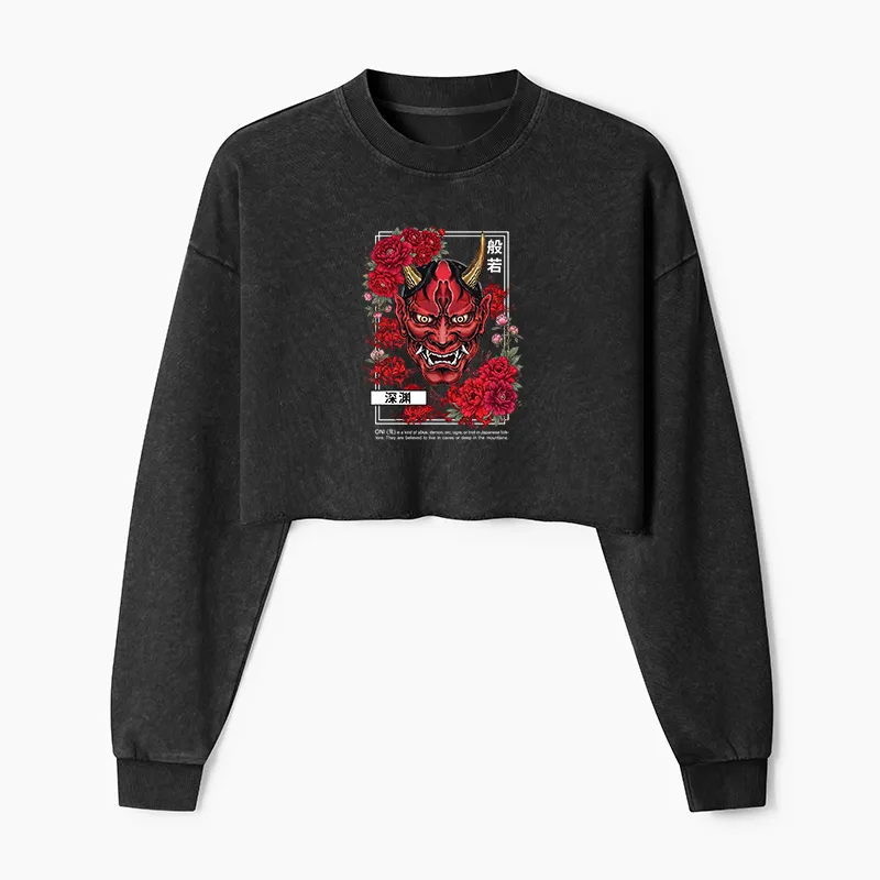 Tokyo-Tiger Cool Oni Floral Art Washed Crop Sweatshirt