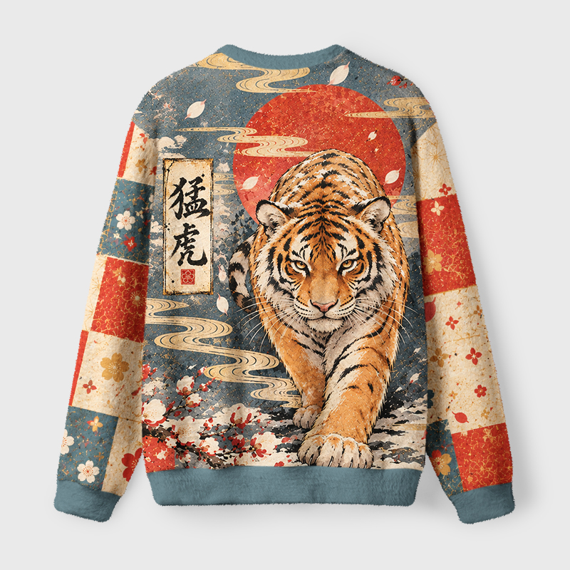 Tokyo-Tiger Vintage Mighty Tiger Fuzzy Christmas Ugly Sweatshirt