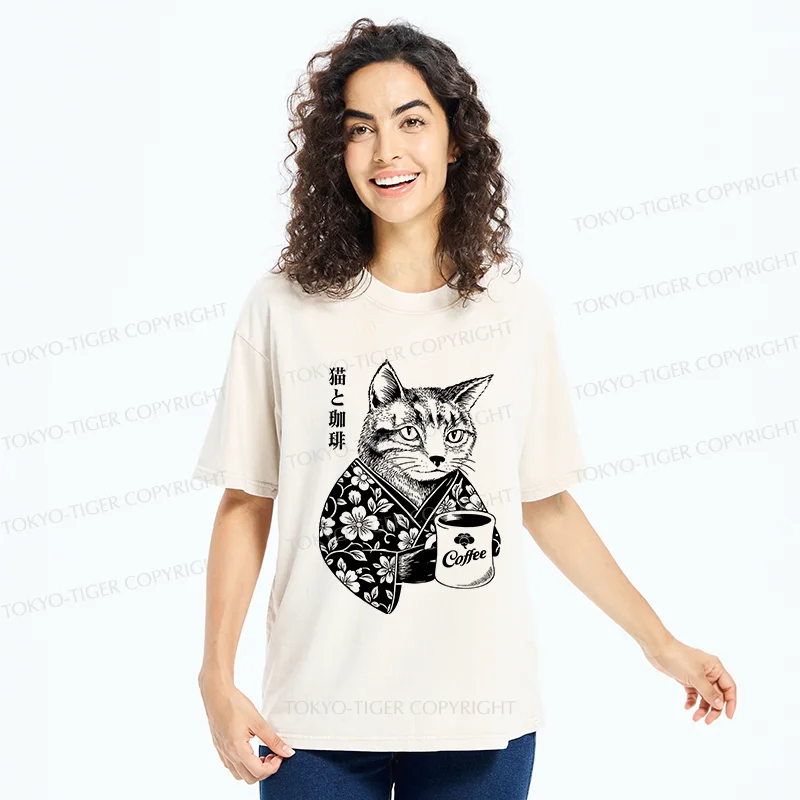 Tokyo-Tiger Cat And Coffee Washed T-Shirt