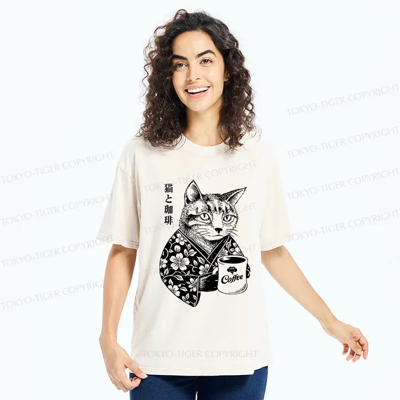 Tokyo-Tiger Cat And Coffee Washed T-Shirt
