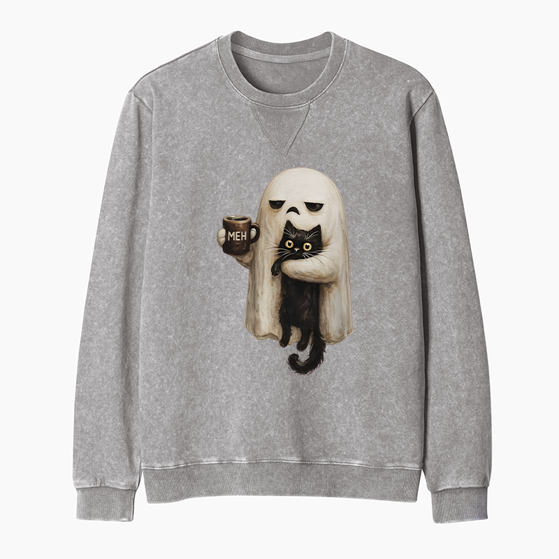 Tokyo-Tiger Ghost Cat Coffee Mood Washed Terry Sweatshirt