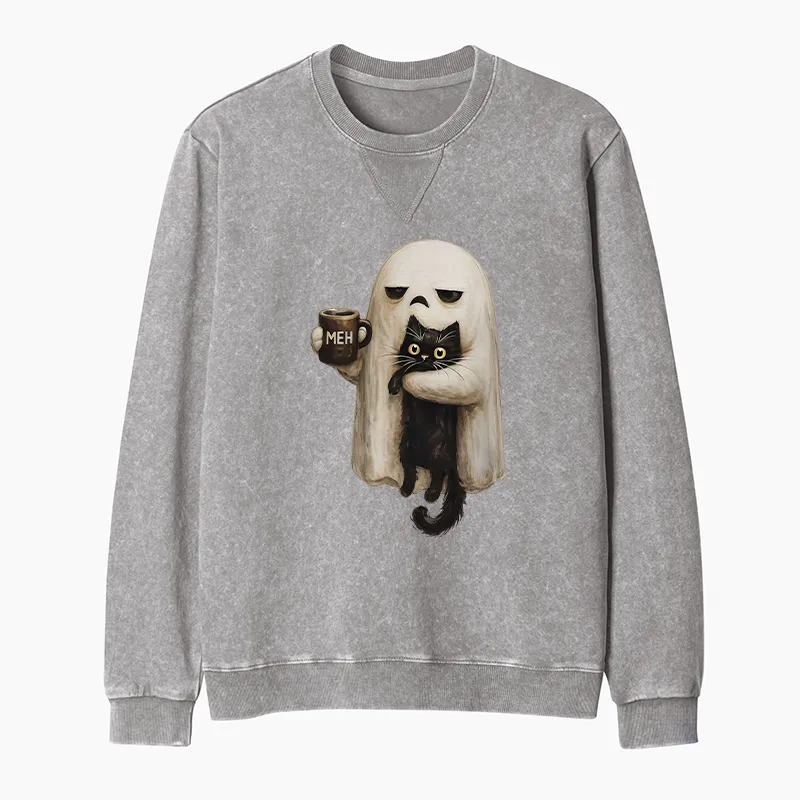 Tokyo-Tiger Ghost Cat Coffee Mood Washed Terry Sweatshirt