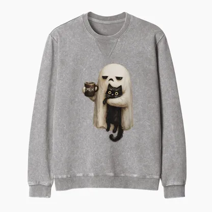 Tokyo-Tiger Ghost Cat Coffee Mood Washed Terry Sweatshirt