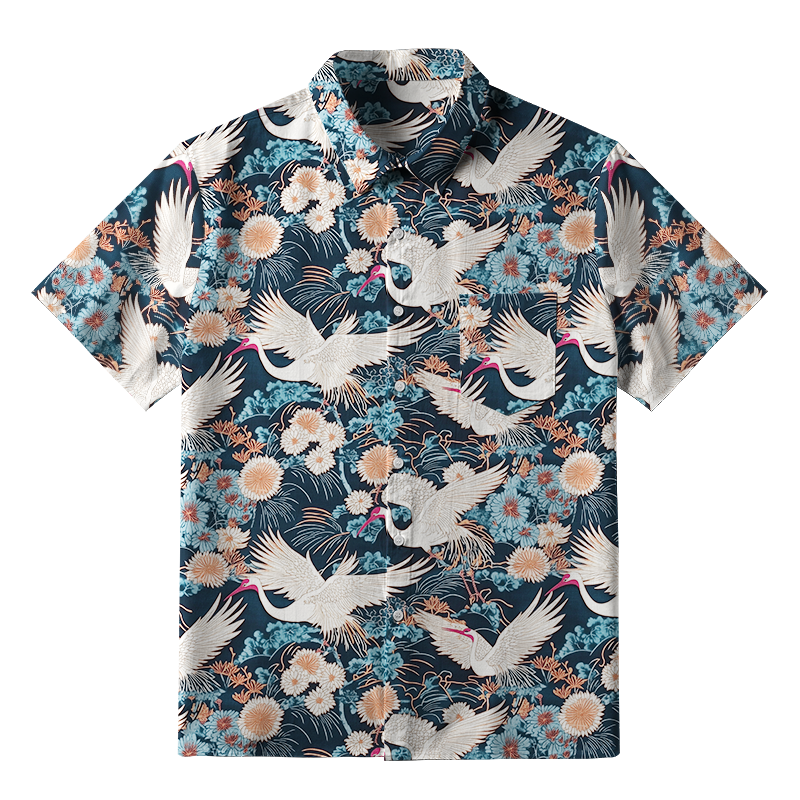 Tokyo-Tiger Cranes And Chrysanthemums Button-up Shirt