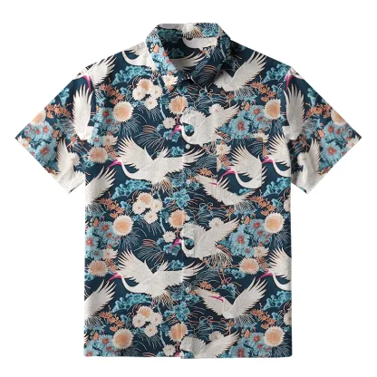 Tokyo-Tiger Cranes And Chrysanthemums Button-up Shirt