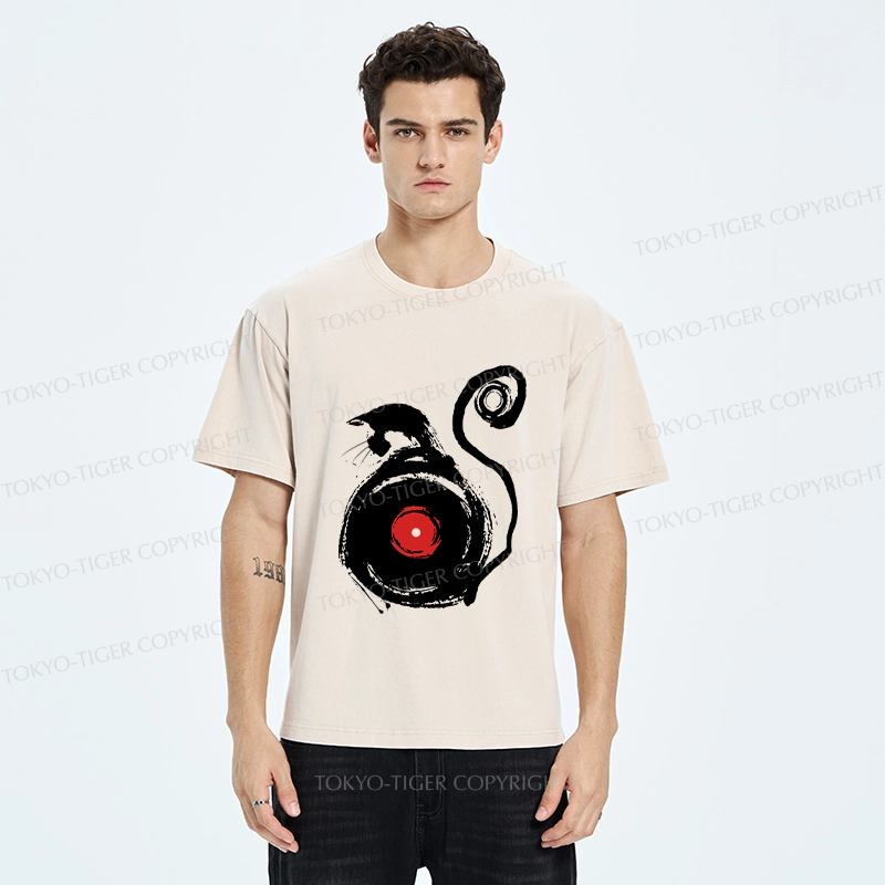 Tokyo-Tiger Vinyl Cat Silhouette Washed T-Shirt