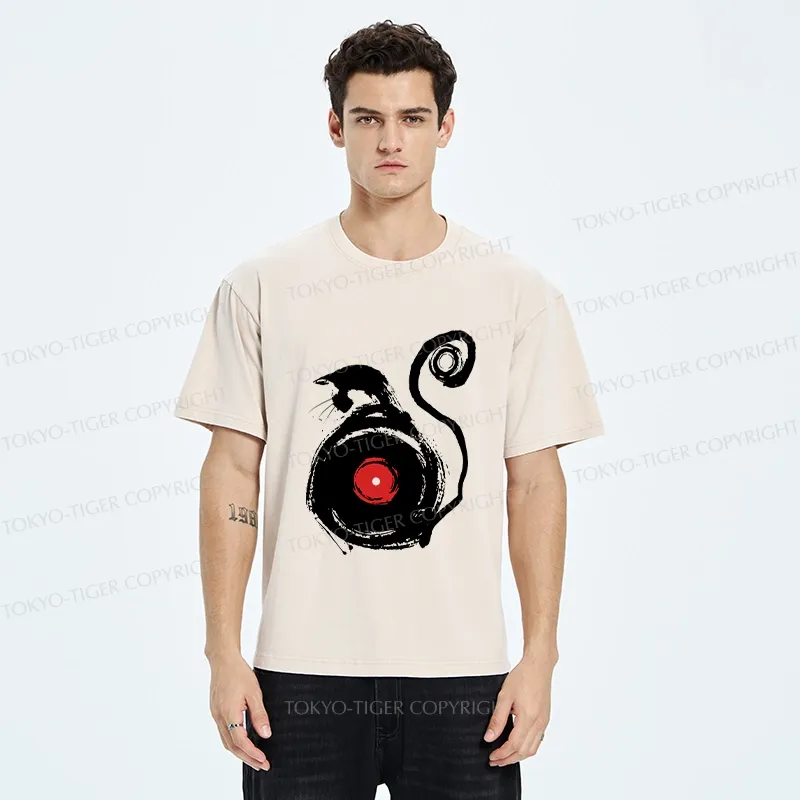 Tokyo-Tiger Vinyl Cat Silhouette Washed T-Shirt