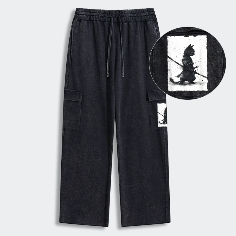 Tokyo-Tiger Retro Cat Samurai Japanese Washed Utility Sweatpants