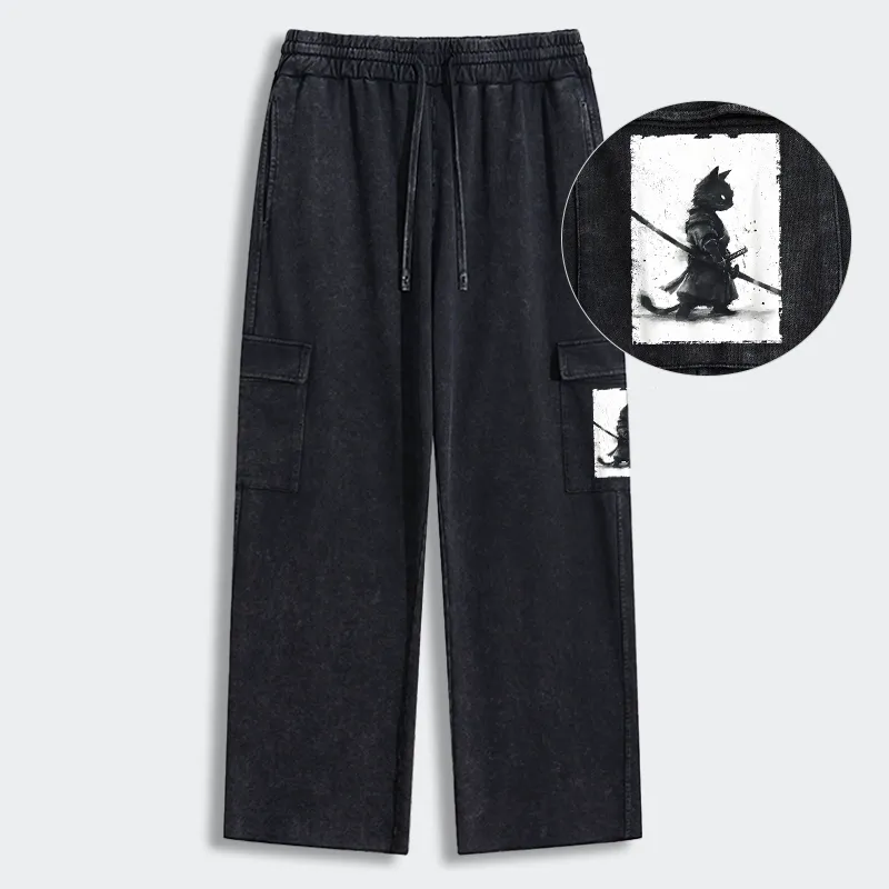 Tokyo-Tiger Retro Cat Samurai Japanese Washed Utility Sweatpants