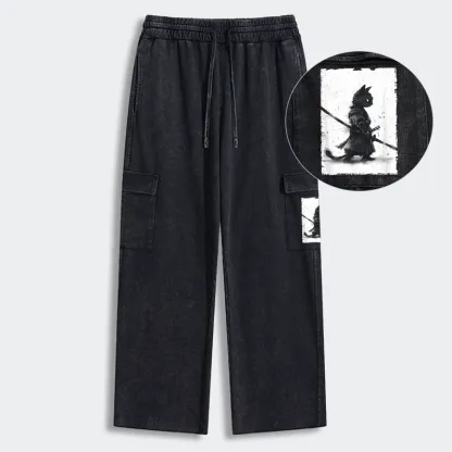 Tokyo-Tiger Retro Cat Samurai Japanese Washed Utility Sweatpants